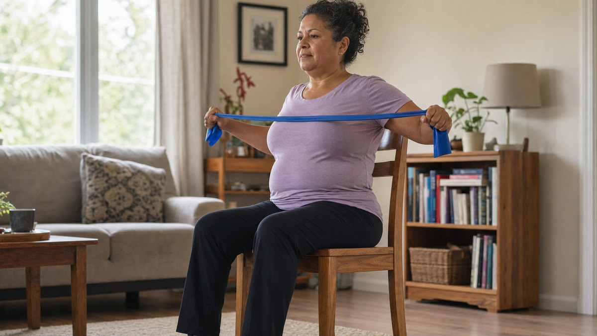 Editorial illustration of an adult doing adapted seated resistance-band movement at home