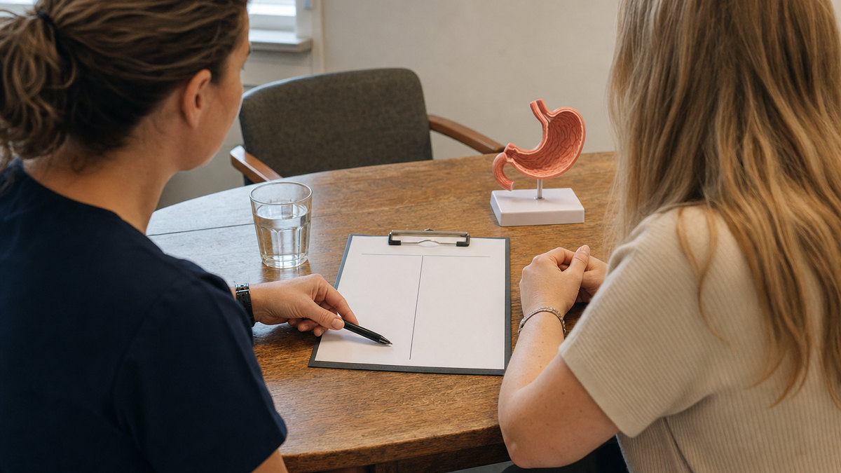 Editorial illustration of a treatment-options conversation with unbranded diagrams at a table