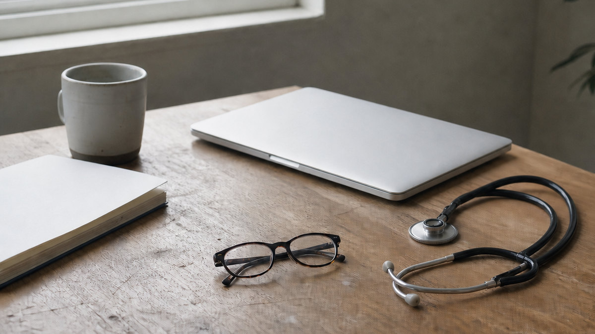 Editorial illustration of a physician-review workspace with unbranded papers and medical tools