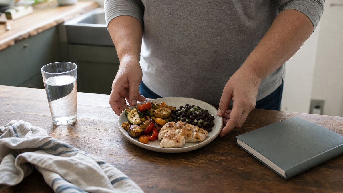Editorial illustration of an adult preparing a balanced meal as part of long-term follow-up after bariatric surgery