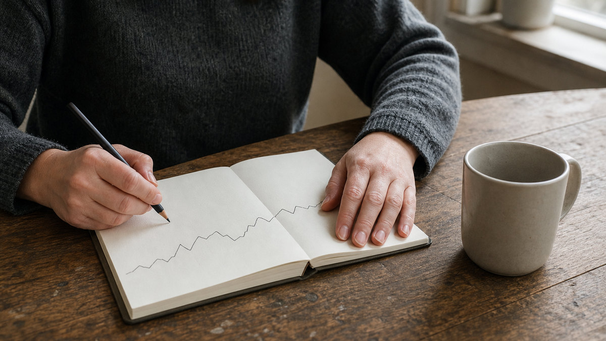 Editorial illustration of an adult reviewing a health plan and journal