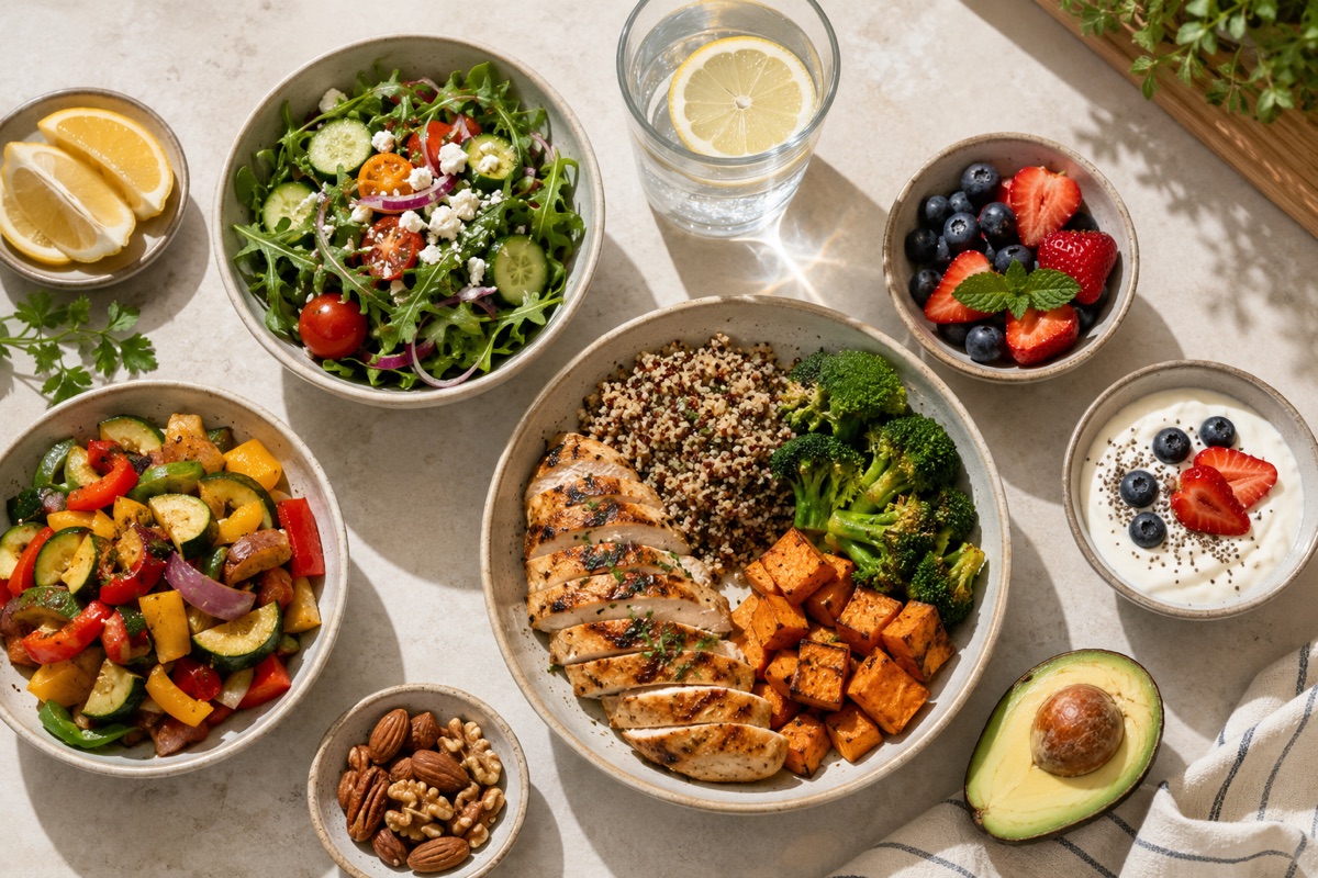 A balanced, protein-forward healthy meal spread with vegetables and fruit